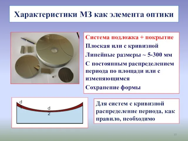 Характеристики МЗ как элемента оптики Система подложка + покрытие Плоская или с