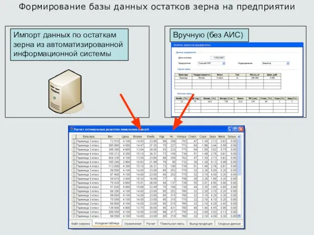 Формирование базы данных остатков зерна на предприятии Вручную (без АИС) Импорт данных