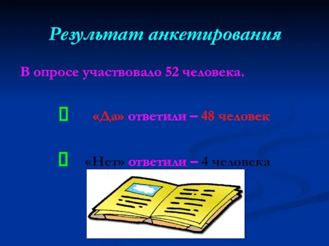 Результат анкетирования В опросе участвовало 52 человека. «Да» ответили – 48 человек