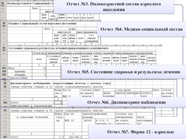 Отчет №3. Половозрастной состав взрослого населения Отчет №4. Медико-социальный состав Отчет №5.