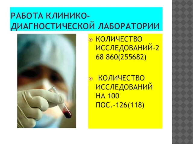 РАБОТА КЛИНИКО-ДИАГНОСТИЧЕСКОЙ ЛАБОРАТОРИИ КОЛИЧЕСТВО ИССЛЕДОВАНИЙ-268 860(255682) КОЛИЧЕСТВО ИССЛЕДОВАНИЙ НА 100 ПОС.-126(118)