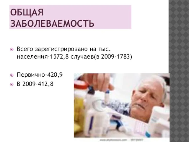 ОБЩАЯ ЗАБОЛЕВАЕМОСТЬ Всего зарегистрировано на тыс.населения-1572,8 случаев(в 2009-1783) Первично-420,9 В 2009-412,8