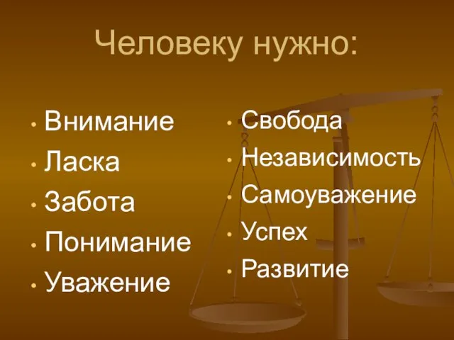 Человеку нужно: Внимание Ласка Забота Понимание Уважение Свобода Независимость Самоуважение Успех Развитие