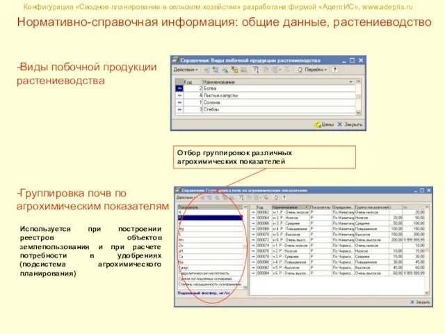 Конфигурация «Сводное планирование в сельском хозяйстве» разработана фирмой «АдептИС», www.adeptis.ru -Виды побочной