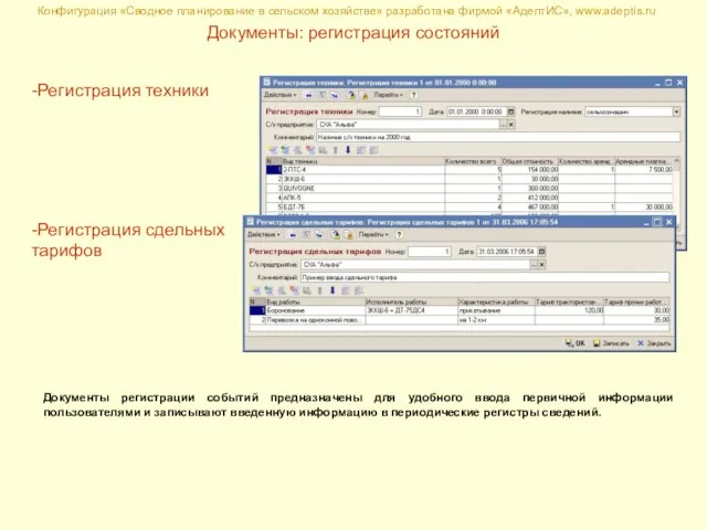 Конфигурация «Сводное планирование в сельском хозяйстве» разработана фирмой «АдептИС», www.adeptis.ru Документы: регистрация