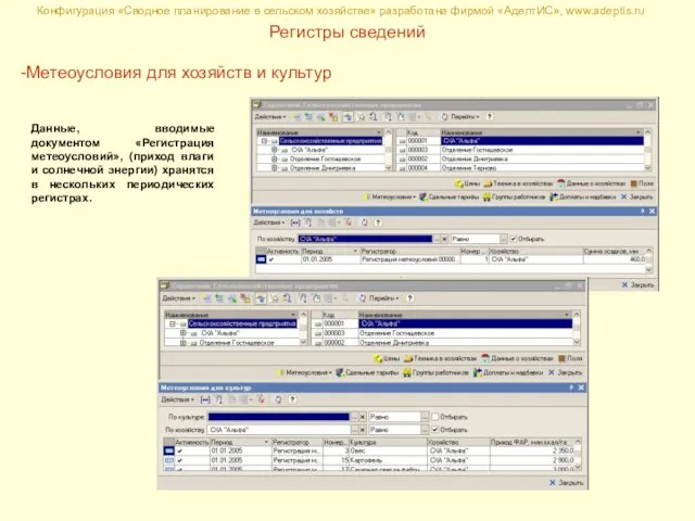 Конфигурация «Сводное планирование в сельском хозяйстве» разработана фирмой «АдептИС», www.adeptis.ru Регистры сведений