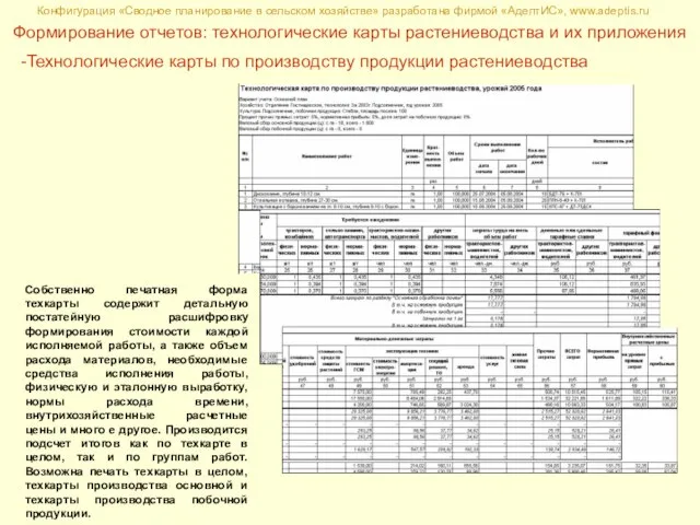 Конфигурация «Сводное планирование в сельском хозяйстве» разработана фирмой «АдептИС», www.adeptis.ru Формирование отчетов: