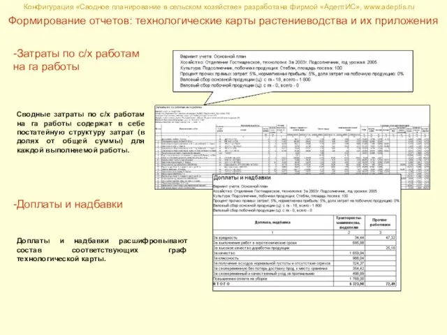 Конфигурация «Сводное планирование в сельском хозяйстве» разработана фирмой «АдептИС», www.adeptis.ru Формирование отчетов: