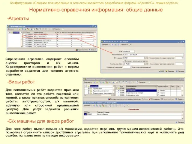 Нормативно-справочная информация: общие данные Конфигурация «Сводное планирование в сельском хозяйстве» разработана фирмой