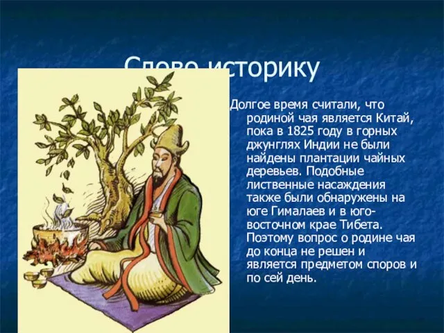 Слово историку Долгое время считали, что родиной чая является Китай, пока в