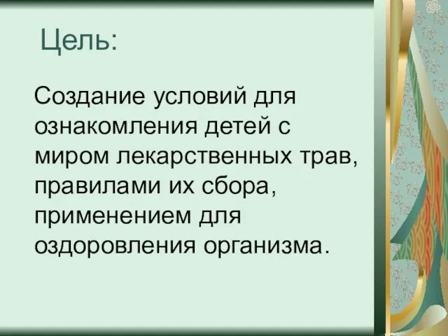 Цель: Создание условий для ознакомления детей с миром лекарственных трав, правилами их