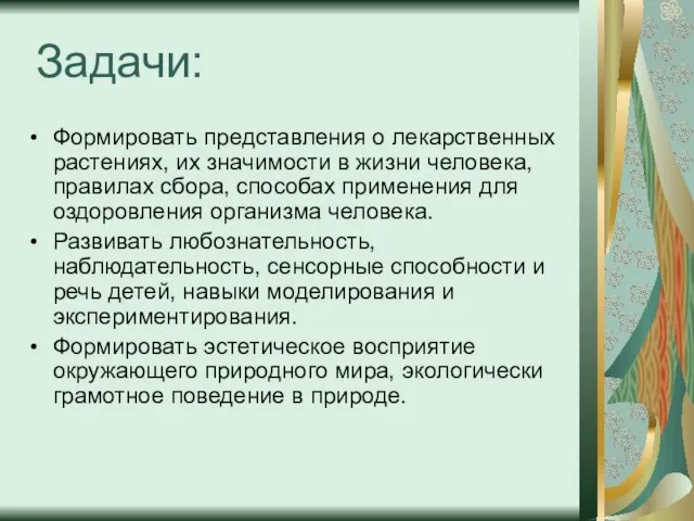 Задачи: Формировать представления о лекарственных растениях, их значимости в жизни человека, правилах