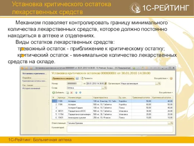 Установка критического остатока лекарственных средств 1С-РЕЙТИНГ Механизм позволяет контролировать границу минимального количества