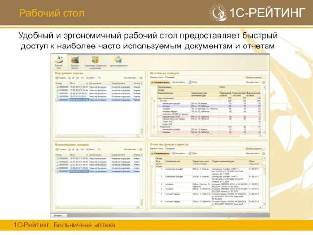 Рабочий стол 1С-РЕЙТИНГ 1С-Рейтинг: Больничная аптека Удобный и эргономичный рабочий стол предоставляет