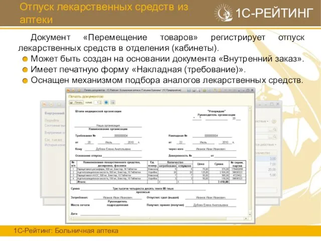 Отпуск лекарственных средств из аптеки 1С-РЕЙТИНГ Документ «Перемещение товаров» регистрирует отпуск лекарственных