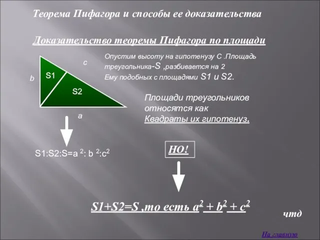 Теорема Пифагора и способы ее доказательства Опустим высоту на гипотенузу C .Площадь