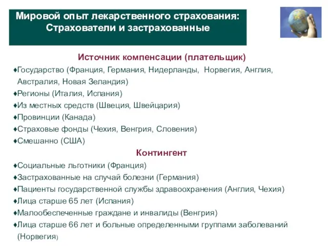 Мировой опыт лекарственного страхования: Страхователи и застрахованные Источник компенсации (плательщик) Государство (Франция,