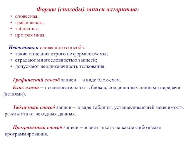 Формы (способы) записи алгоритма: словесная; графическая; табличная; программная. Недостатки словесного способа: такие