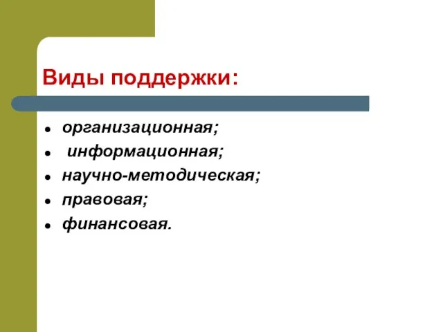 Виды поддержки: организационная; информационная; научно-методическая; правовая; финансовая.