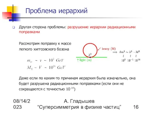 08/14/2023 А. Гладышев “Суперсимметрия в физике частиц” Проблема иерархий Другая сторона проблемы: