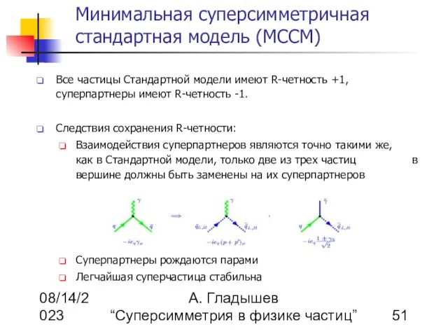 08/14/2023 А. Гладышев “Суперсимметрия в физике частиц” Минимальная суперсимметричная стандартная модель (МССМ)