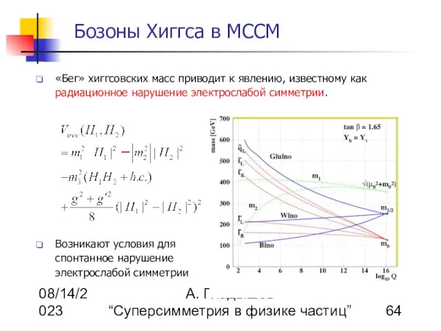 08/14/2023 А. Гладышев “Суперсимметрия в физике частиц” Бозоны Хиггса в МССМ «Бег»