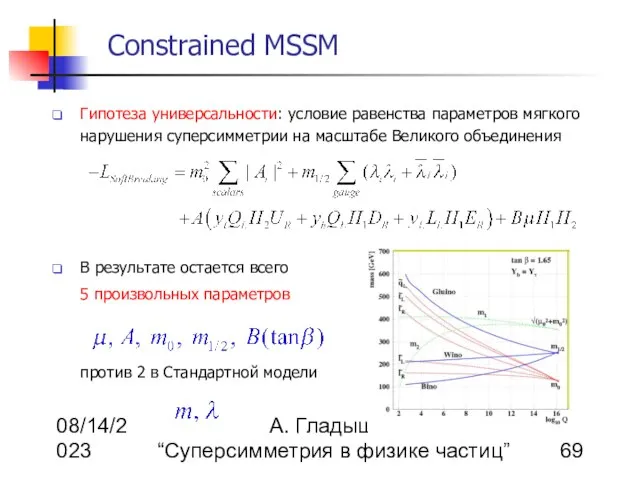 08/14/2023 А. Гладышев “Суперсимметрия в физике частиц” Constrained MSSM Гипотеза универсальности: условие