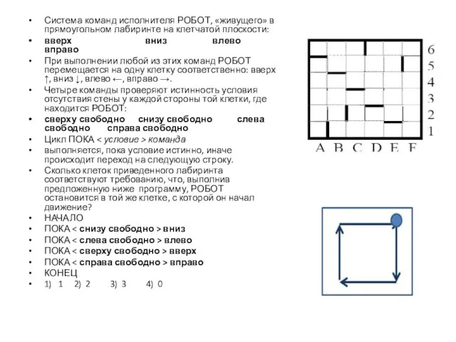 Система команд исполнителя РОБОТ, «живущего» в прямоугольном лабиринте на клетчатой плоскости: вверх