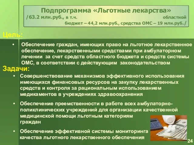 Задачи: Совершенствование механизмов эффективного использования имеющихся финансовых ресурсов на закупку лекарственных средств