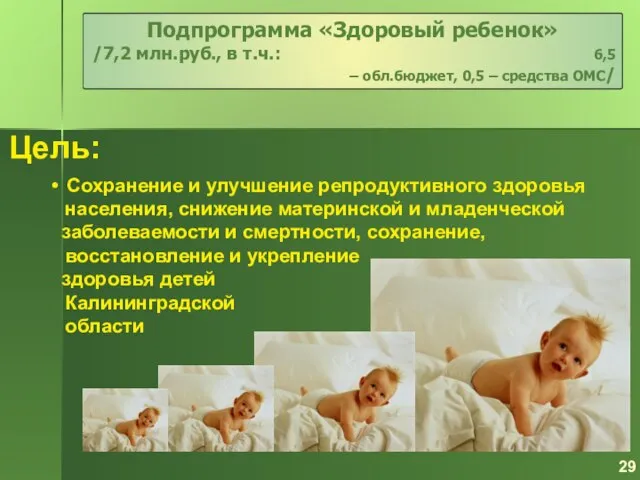 Цель: Сохранение и улучшение репродуктивного здоровья населения, снижение материнской и младенческой заболеваемости