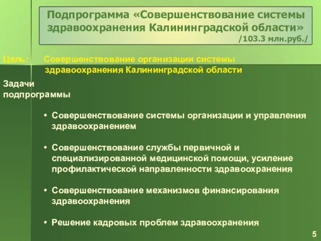 Цель: Совершенствование организации системы здравоохранения Калининградской области Задачи подпрограммы Совершенствование системы организации