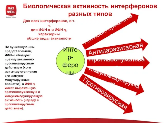 Биологическая активность интерферонов разных типов Интер- фероны Противовирусная Антибактериальная Иммуномодулирующая Для всех