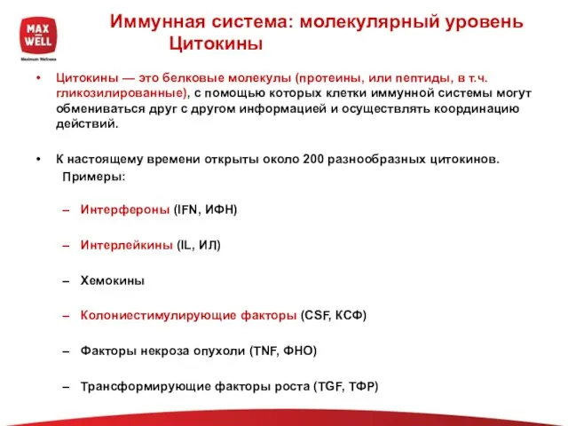 Иммунная система: молекулярный уровень Цитокины Цитокины — это белковые молекулы (протеины, или