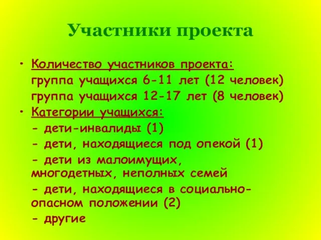 Участники проекта Количество участников проекта: группа учащихся 6-11 лет (12 человек) группа