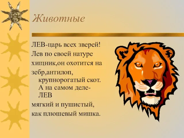 Животные ЛЕВ-царь всех зверей! Лев по своей натуре хищник,он охотится на зебр,антилоп,крупнорогатый