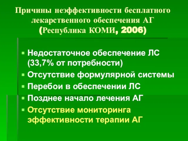 Причины неэффективности бесплатного лекарственного обеспечения АГ (Республика КОМИ, 2006) Недостаточное обеспечение ЛС