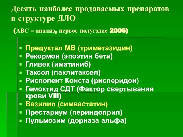 Десять наиболее продаваемых препаратов в структуре ДЛО (АВС – анализ, первое полугодие