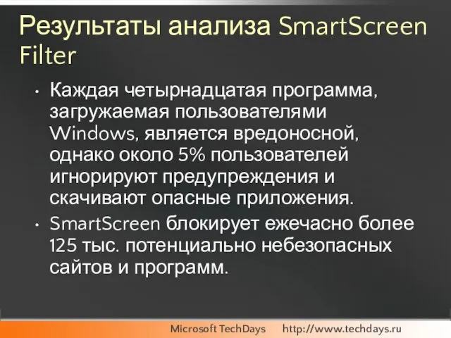 Результаты анализа SmartScreen Filter Каждая четырнадцатая программа, загружаемая пользователями Windows, является вредоносной,