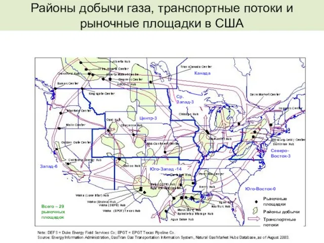9 Канада Районы добычи газа, транспортные потоки и рыночные площадки в США