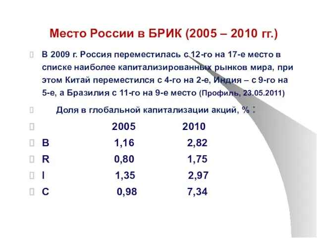 Место России в БРИК (2005 – 2010 гг.) В 2009 г. Россия