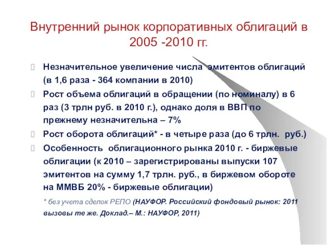 Внутренний рынок корпоративных облигаций в 2005 -2010 гг. Незначительное увеличение числа эмитентов