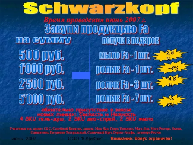 июнь 2007 ООО "ЮДиКом" на сумму получи в подарок 500 руб. 2'500