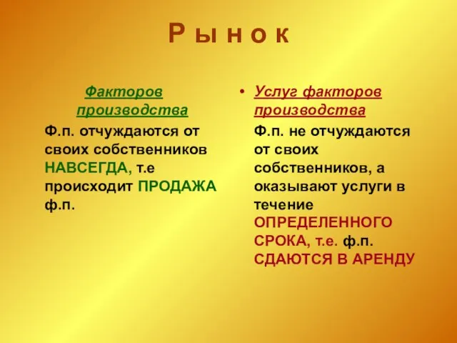 Р ы н о к Факторов производства Ф.п. отчуждаются от своих собственников