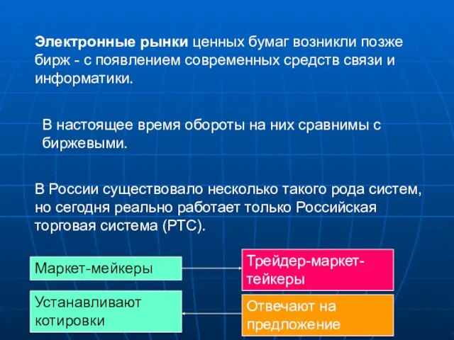 Электронные рынки ценных бумаг возникли позже бирж - с появлением современных средств