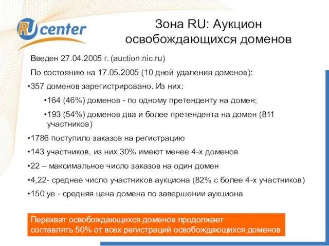 Зона RU: Аукцион освобождающихся доменов Введен 27.04.2005 г. (auction.nic.ru) По состоянию на