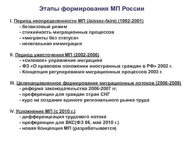 Этапы формирования МП России I. Период неопределенности МП (laissez-faire) (1992-2001) - безвизовый