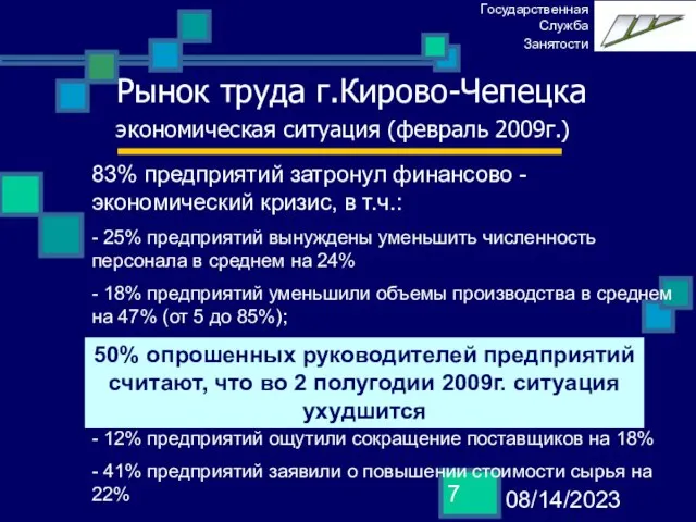 08/14/2023 Рынок труда г.Кирово-Чепецка экономическая ситуация (февраль 2009г.) 83% предприятий затронул финансово