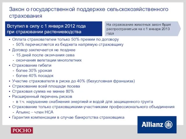 Закон о государственной поддержке сельскохозяйственного страхования Оплата страхователем только 50% премии по