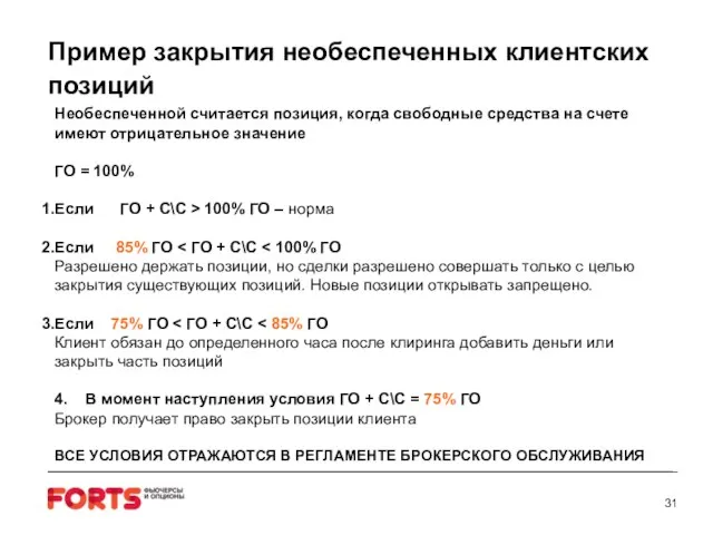 Пример закрытия необеспеченных клиентских позиций Необеспеченной считается позиция, когда свободные средства на