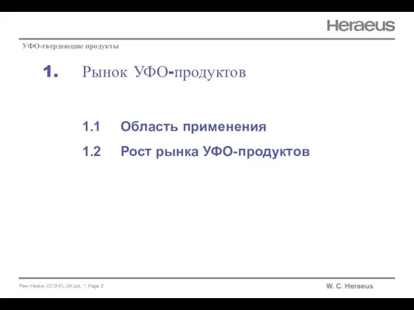 1. Рынок УФО-продуктов УФО-твердеющие продукты 1.1 Область применения 1.2 Рост рынка УФО-продуктов